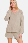 Zenana V-Neck Long Sleeve Ribbed Top and Shorts Set Outfit