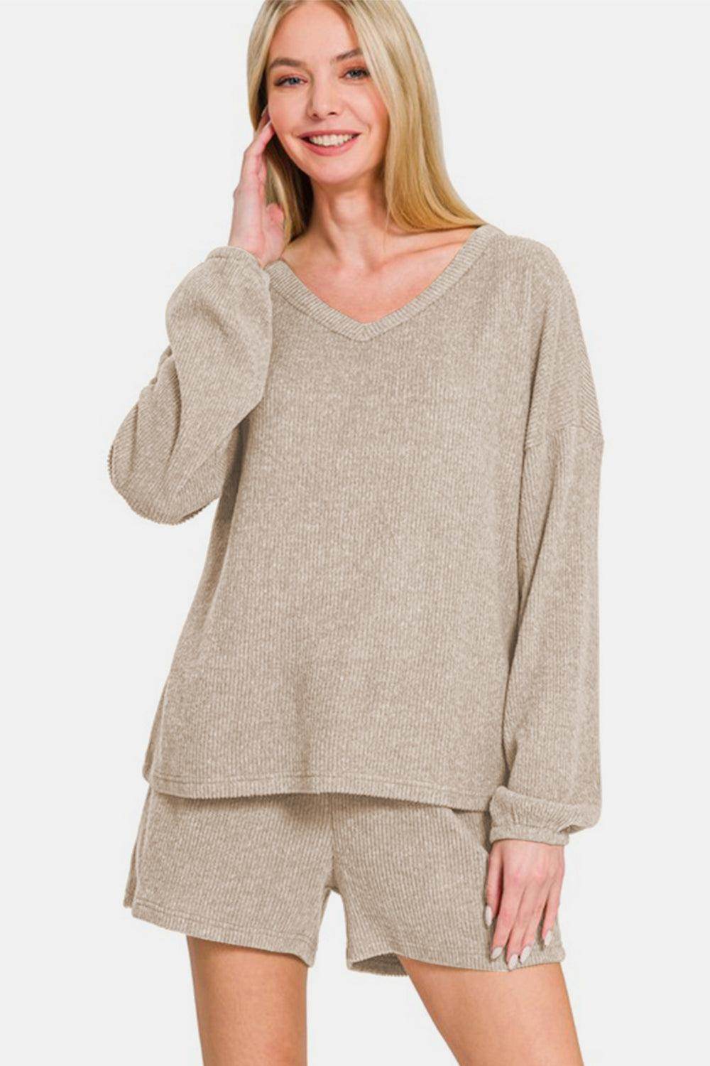 Zenana V-Neck Long Sleeve Ribbed Top and Shorts Set Outfit