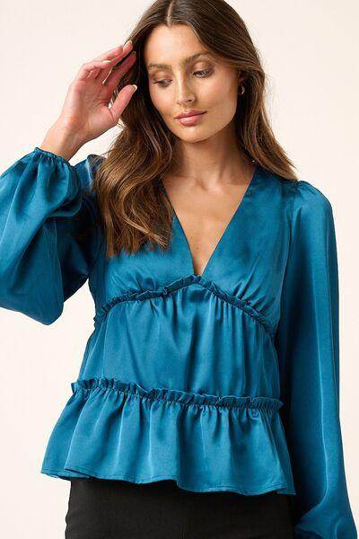 Mittoshop Satin V Neck Ruffled Tier Blouse for Women