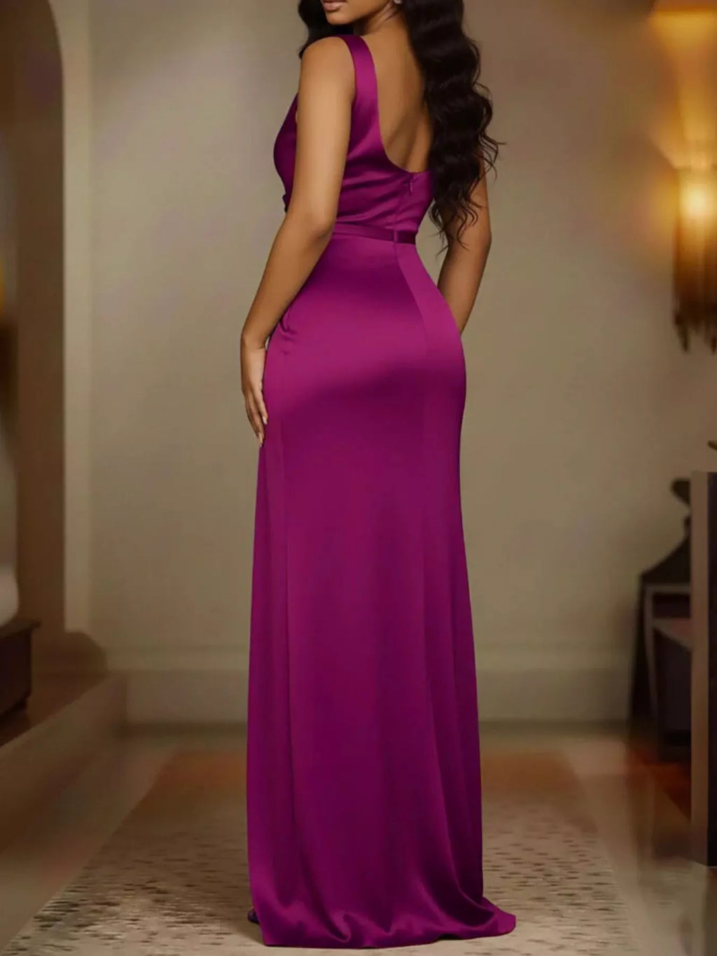 Satin Cowl Neck High Slit Maxi Dress