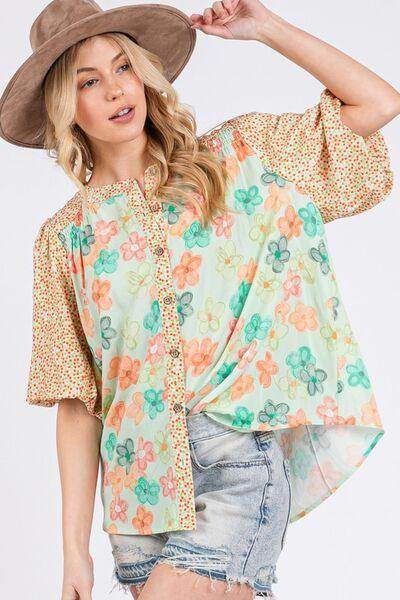SAGE+FIG Button Down Bubble Sleeves Shirt for Women