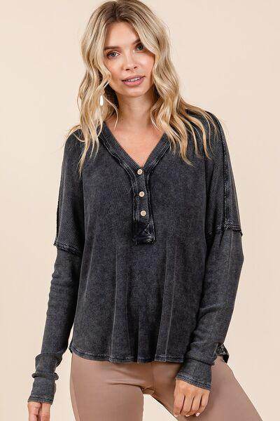 Mittoshop Washed V-Neck Long Sleeve Blouse for Women