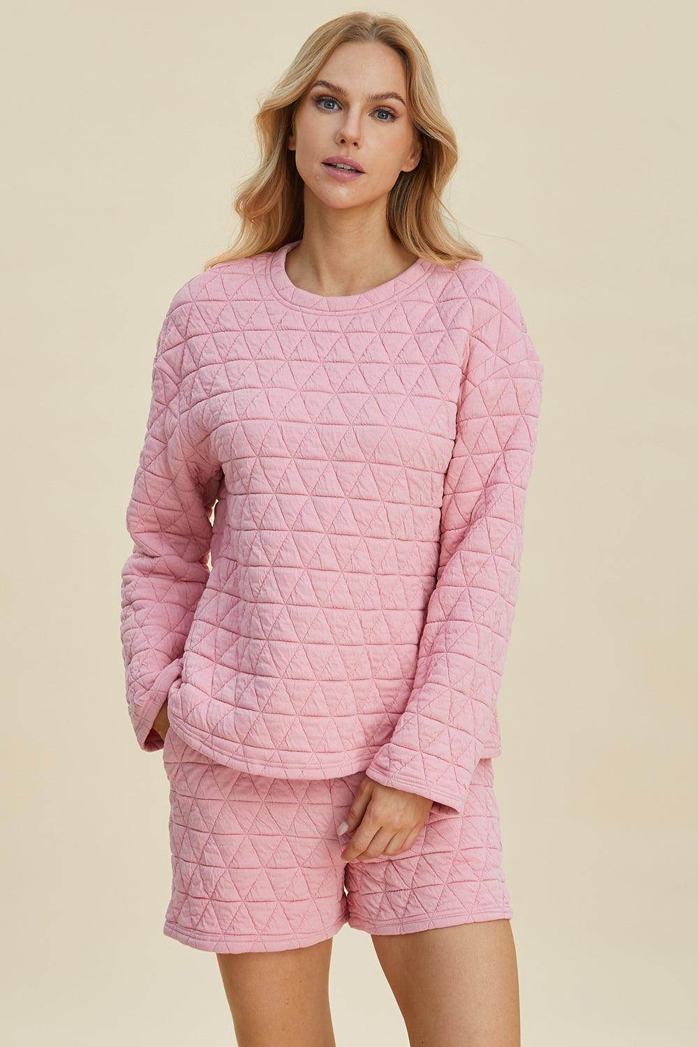 Double Take Full Size Texture Round Neck Long Sleeve Top and Shorts Set for Women