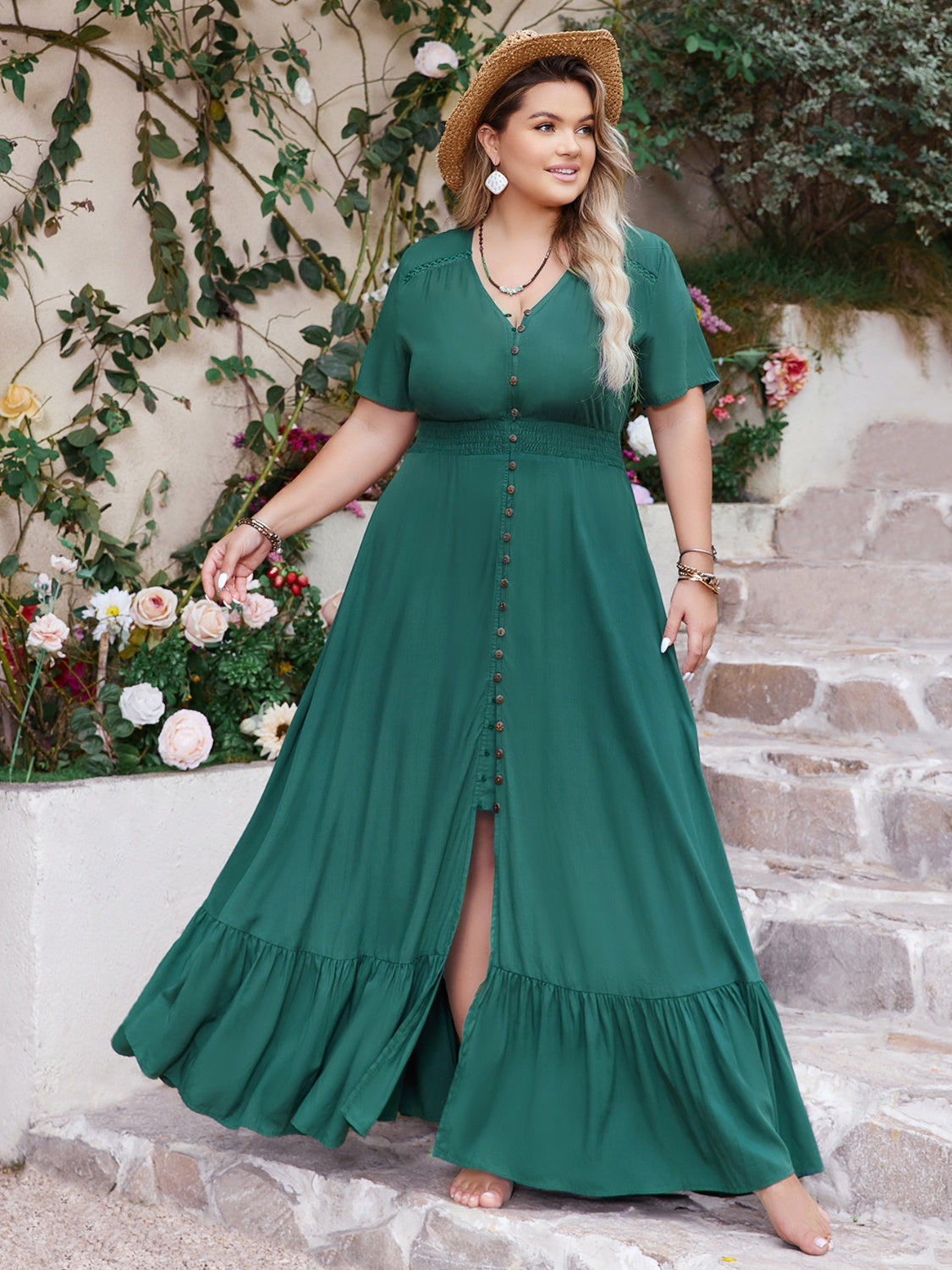 Button Detail V-Neck Short Sleeve Maxi Dress