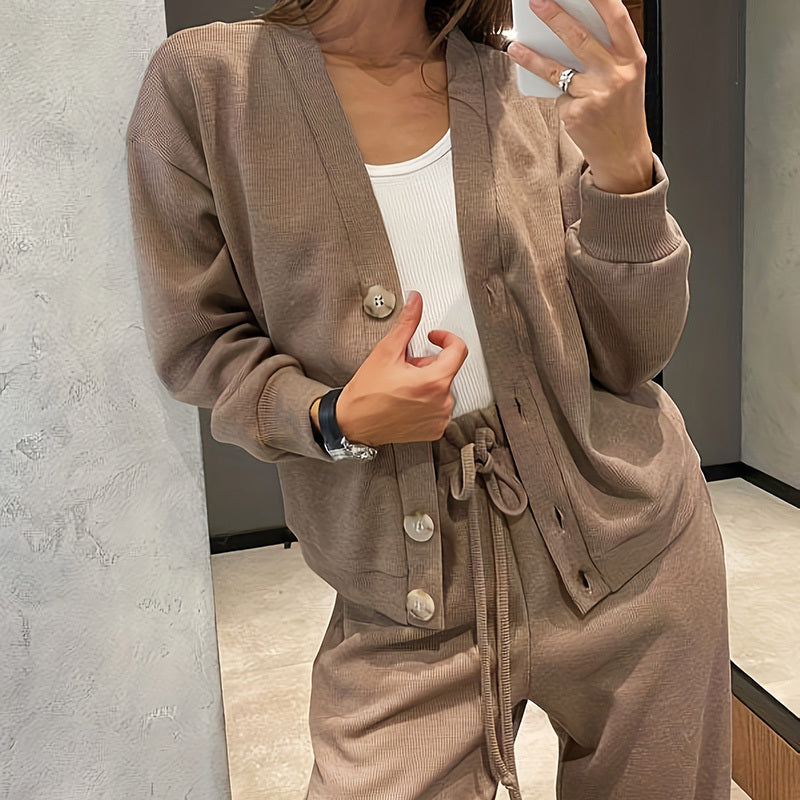 Casual Knit Cardigan With Pocket & Drawstring Lounge Pants
