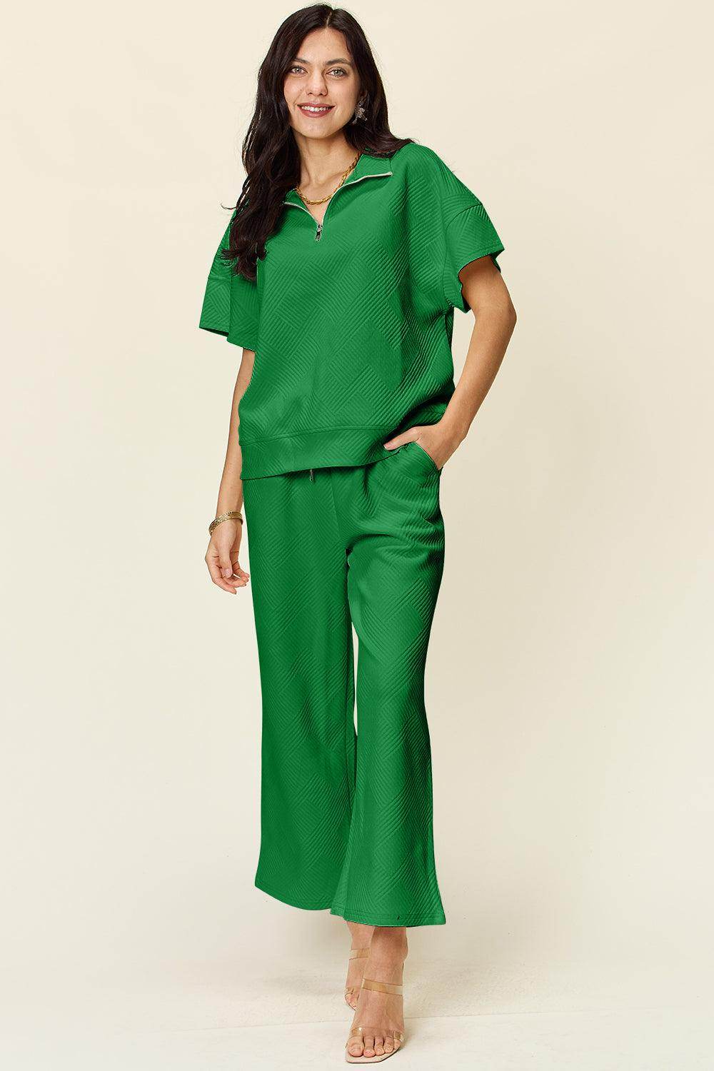 Double Take Full Size Texture Half Zip Short Sleeve Top Set