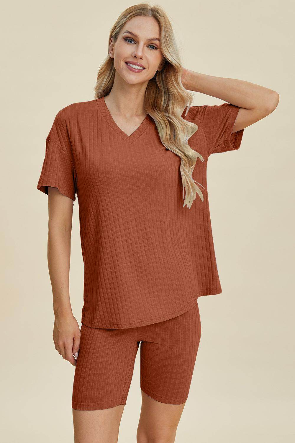 Basic Bae Full Size Ribbed V-Neck Top and Shorts Set For Women
