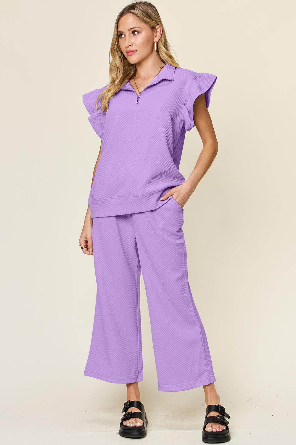 Double Take Texture Ruffle Short Sleeve Top and Pants Set