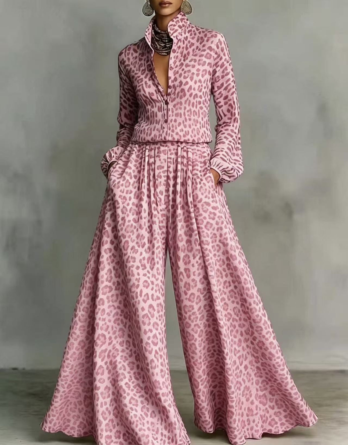 Leopard Print Wide-Leg Pants Set – Women’s Casual Two-Piece