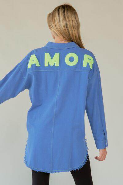 Davi & Dani Letter Back Raw Hem Half Button Shirt Chic