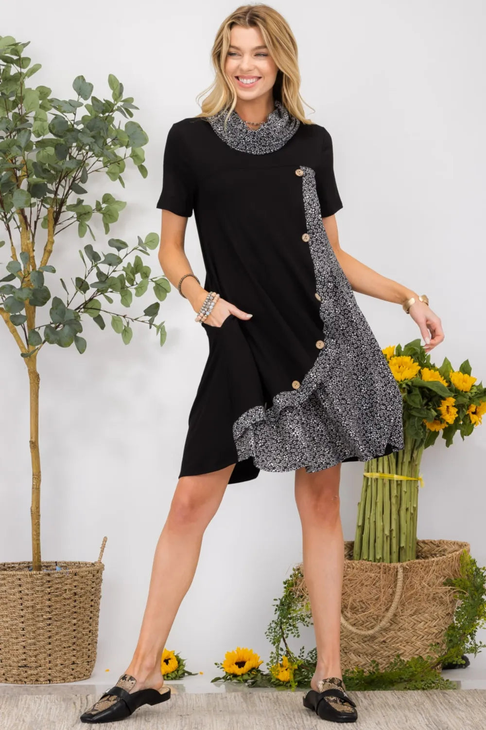 Celeste Full Size Decor Button Short Sleeve Dress with Pockets Plus Size