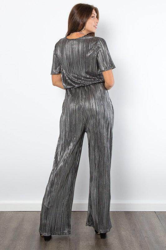 Be Stage Surplice Short Sleeve Pleated Foil Jumpsuit Stylish