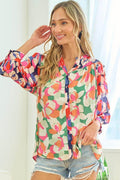 First Love Full Size Floral Button Down Satin Shirt for Women