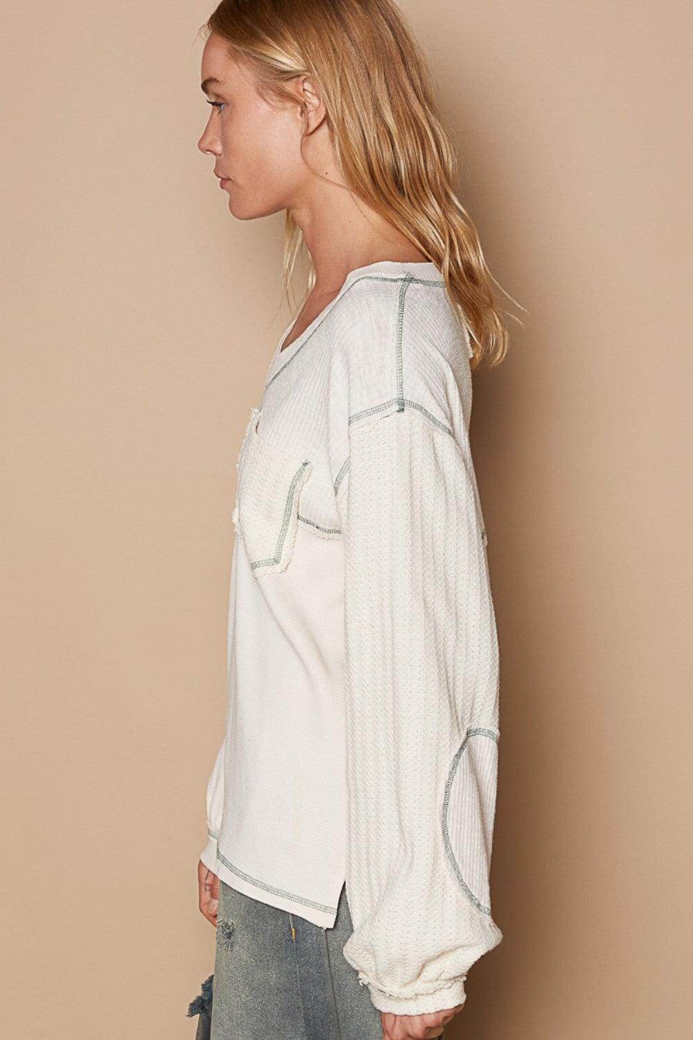 POL V-Neck Knit Panel Exposed Seam Top for Stylish Wear