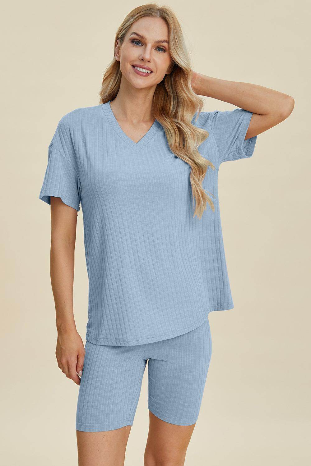 Basic Bae Full Size Ribbed V-Neck Top and Shorts Set For Women