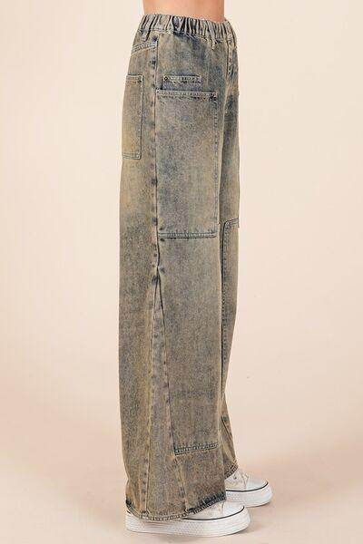 Mittoshop Washed Wide Leg Jeans with Pockets for Women
