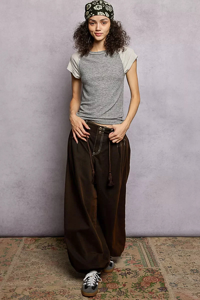 POL Round Neck Outseam Detail T-Shirt with Contrast Color Sleeves