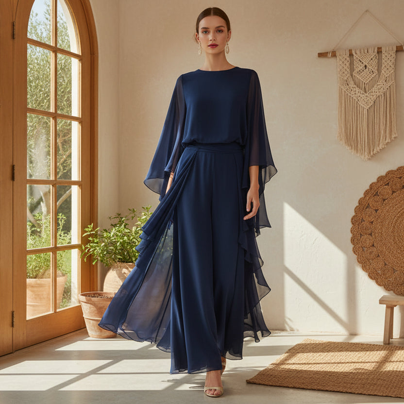 Deep Blue Ruffle Wide-Leg Pants Set – Elegant Two-Piece Batwing Sleeve Outfit for Women