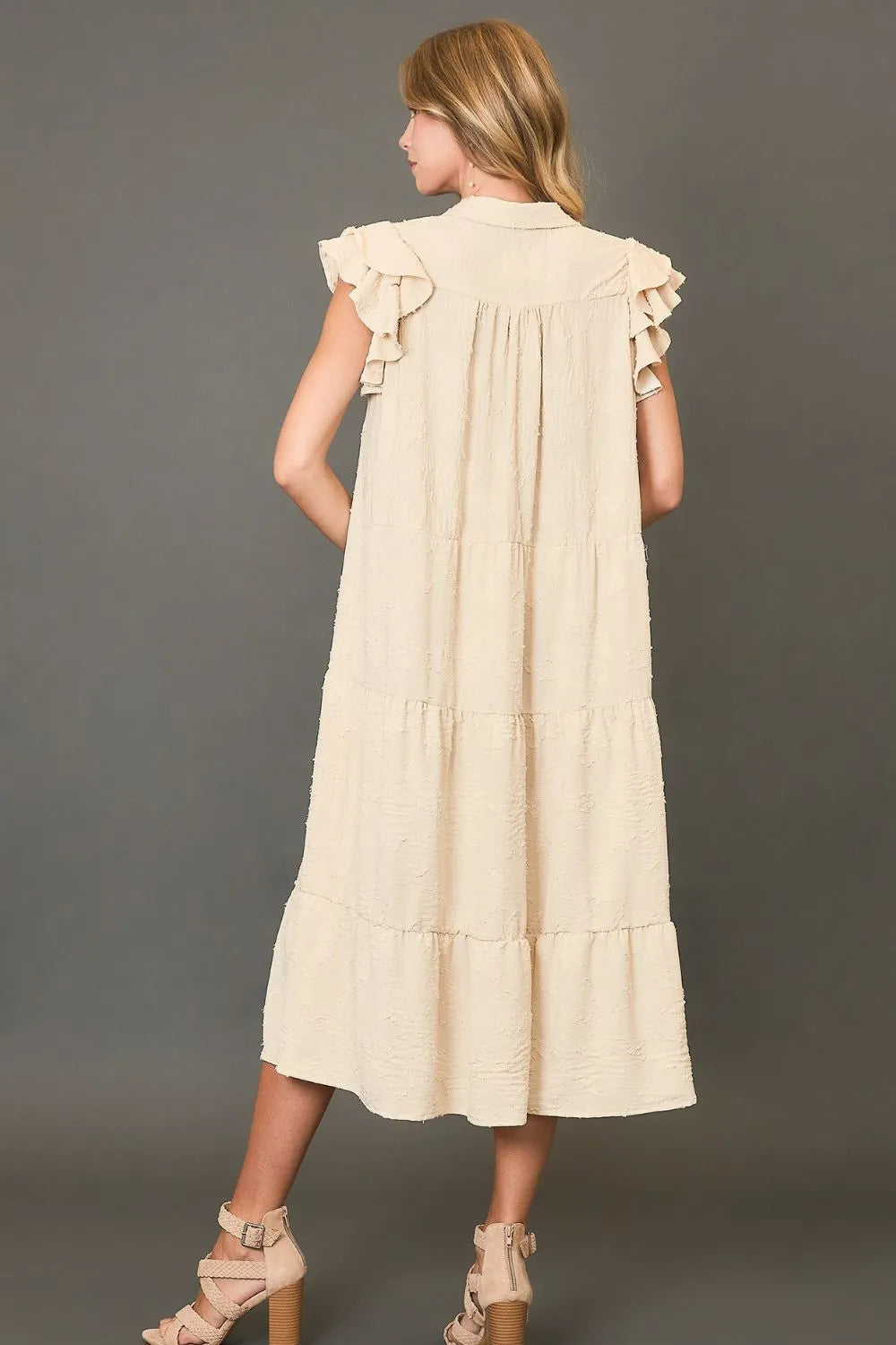Umgee Full Size Tiered Floral Burnout Ruffle Sleeve Midi Dress Plus Size