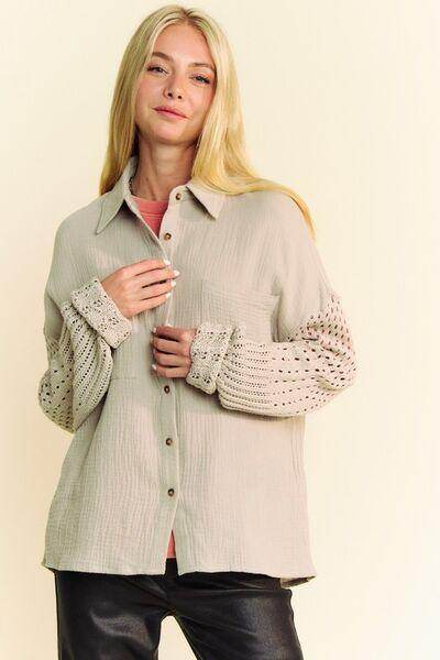 Davi & Dani Crochet Sleeve Crinkled Texture Shirt for Women