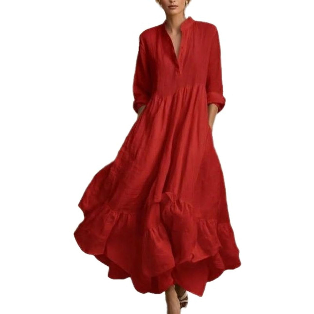 Women Maxi Dress Stand Collar Button Front Pocket Beach Vacation Casual | Flowy maxi dress stand collar, button front, functional pockets, long lantern sleeves, A-line skirt, beach vacation daily