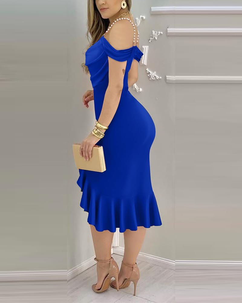 CHICME Womens Cocktail Dresses Pearls Strap Bodycon Midi Dress | Off Shoulder Design, Ruffle Hem Style, Soft Stretch Fabric, Birthday Party Wear, Wedding Guest Outfit, Date Night Look