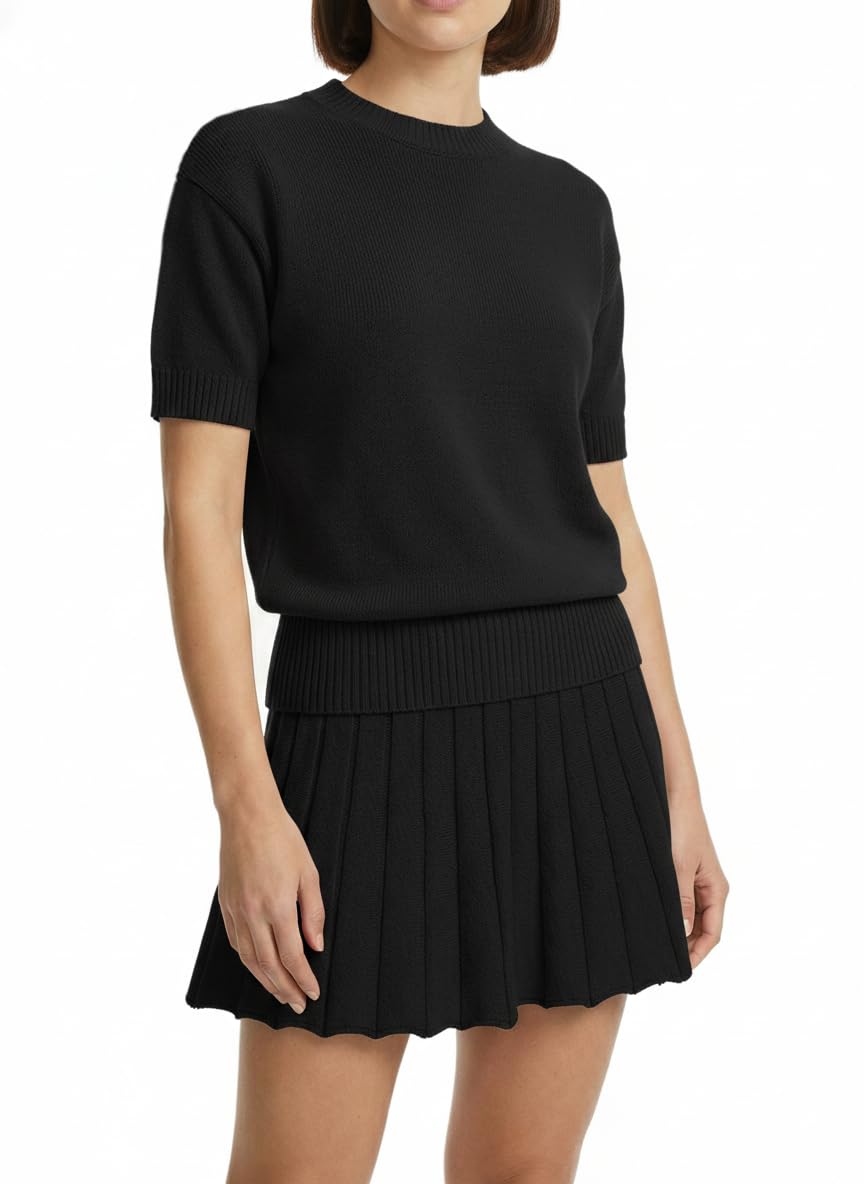 Womens 2 Piece Outfits 2026 Short Sleeve Crewneck Knit Tops And Pleated Mini Skirt Two Piece Sets