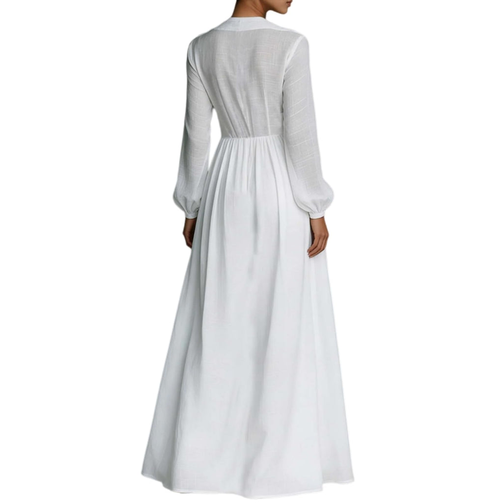 Women Maxi Dress Stand Collar Button Front Pocket Beach Vacation Casual | Flowy maxi dress stand collar, button front, functional pockets, long lantern sleeves, A-line skirt, beach vacation daily