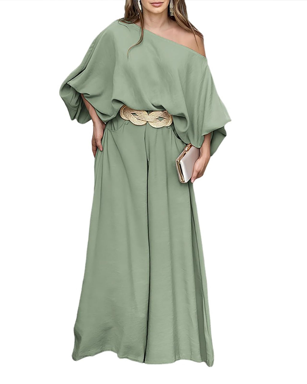 CHICME Women 2 Piece Summer Outfit Off Shoulder Flowy Wide Leg Pants Set | Off Shoulder, Lantern Sleeve Matching Set, 2 Piece Sets for Women Dressy, Vacation Travel Airport Outfits