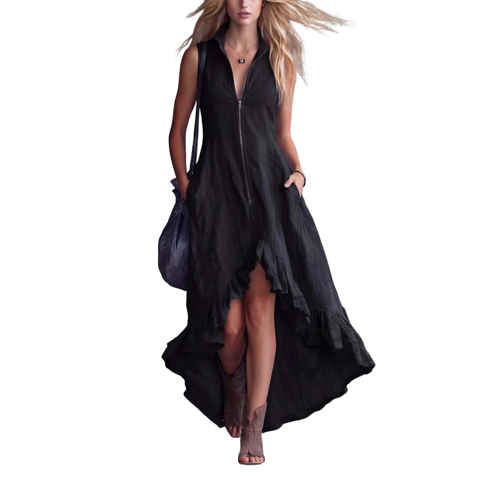YMADREIG Boho Dresses for Women 2026 Cotton Linen Western Maxi Dress Summer Sleeveless High Low Ruffle Hem Dress with Pocket