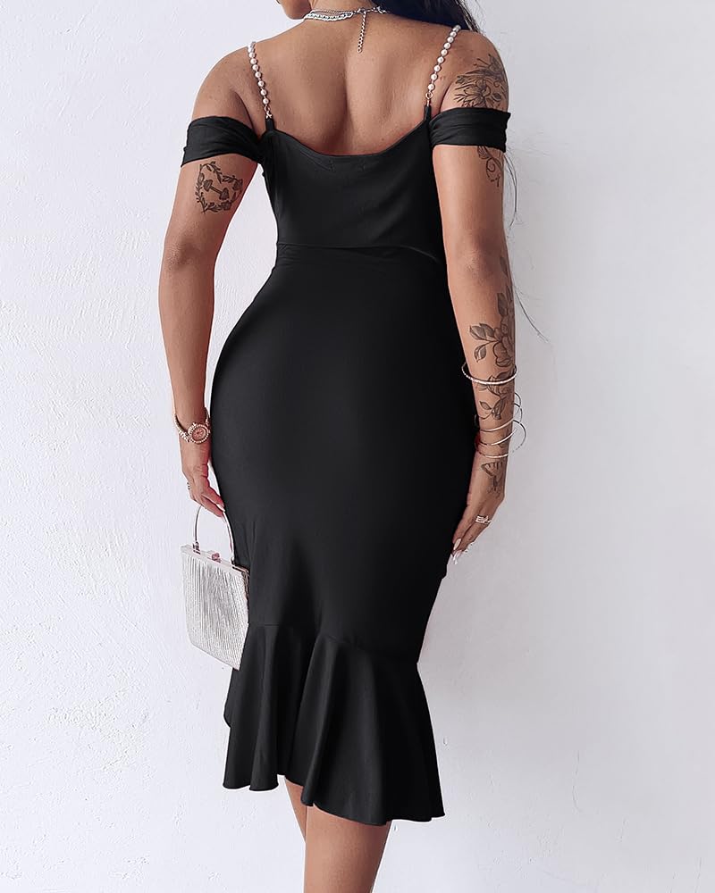 CHICME Womens Cocktail Dresses Pearls Strap Bodycon Midi Dress | Off Shoulder Design, Ruffle Hem Style, Soft Stretch Fabric, Birthday Party Wear, Wedding Guest Outfit, Date Night Look