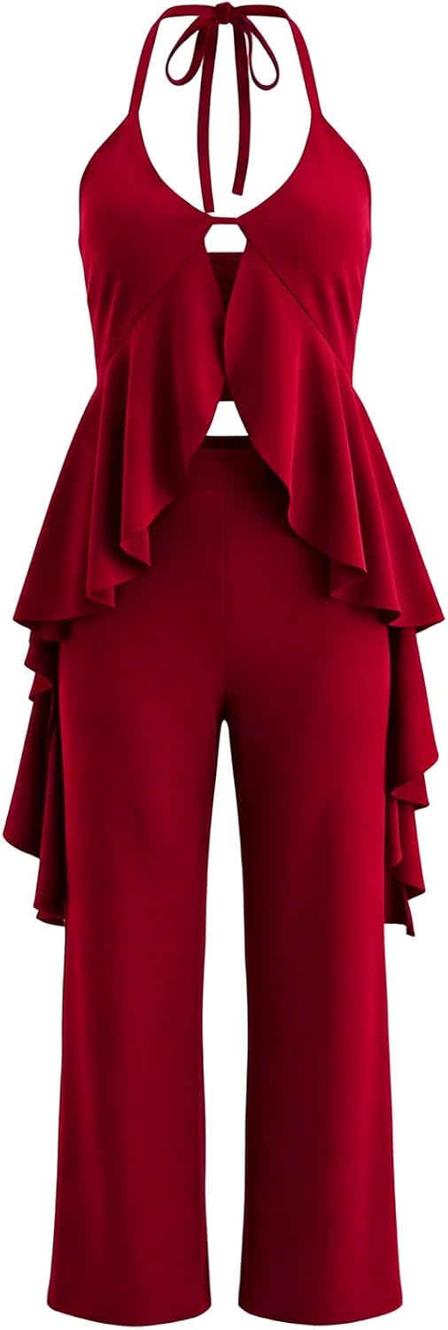 Women's Casual 2 Piece Set Sexy Sleeveless Backless Halter Neck Cutout Ruffled Tops Wide Legs Pants Outfits