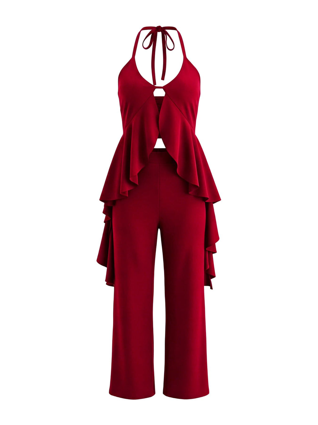 Women's Casual 2 Piece Set Sexy Sleeveless Backless Halter Neck Cutout Ruffled Tops Wide Legs Pants Outfits