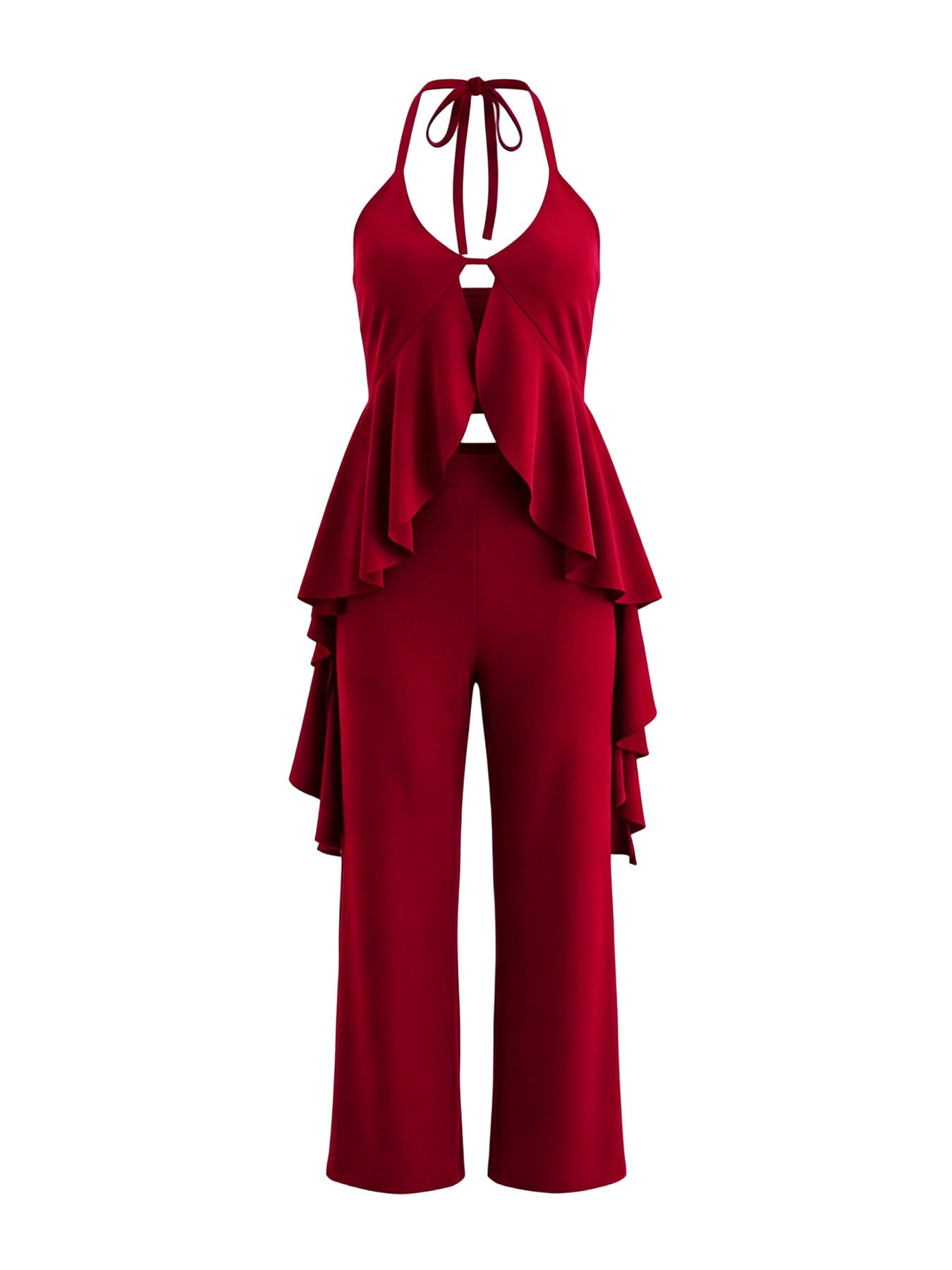 Women's Casual 2 Piece Set Sexy Sleeveless Backless Halter Neck Cutout Ruffled Tops Wide Legs Pants Outfits