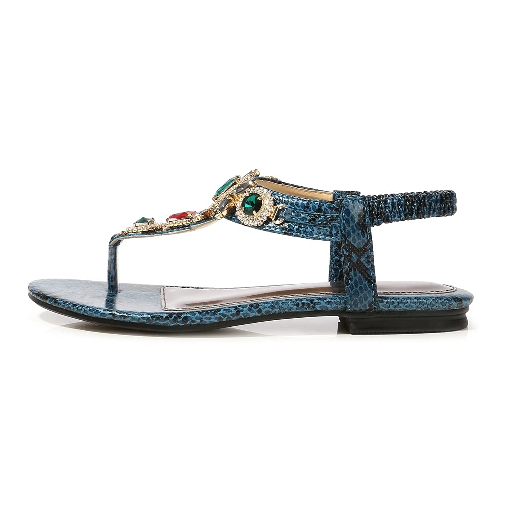 MIOKE Women's Bohemia Bling Jeweled Flat Sandals T-strap Clip Toe Cutout Slingback Summer Beach Flipflops
