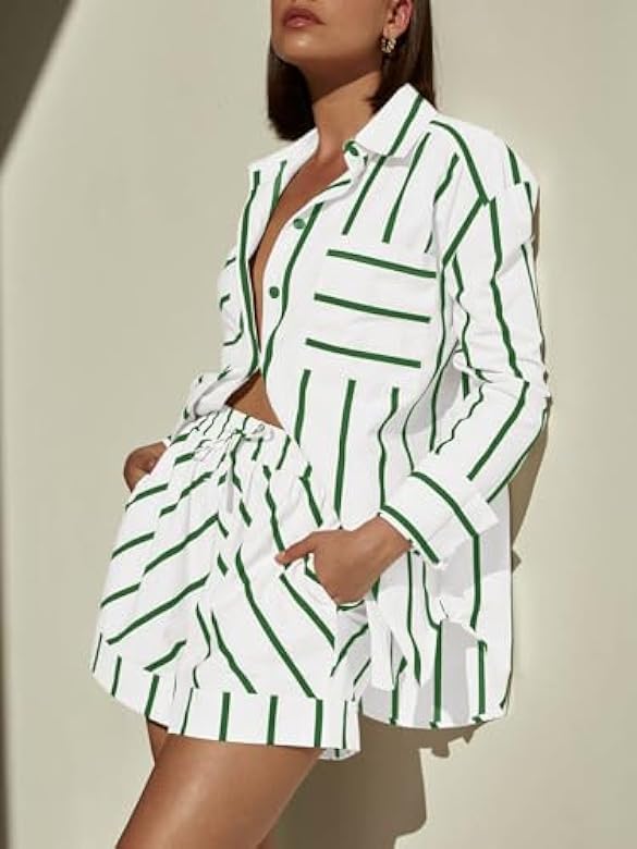 Women's Striped 2 Piece Outfits Casual Oversized Button Down Shirts and Short Lounge Pajamas Set