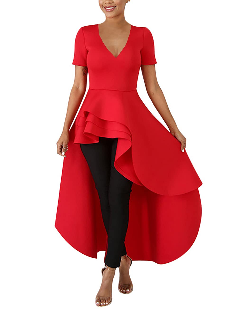 Lrady Womens V Neck Short Sleeve High Low Cocktail Party Dresses Peplum Tunic Tops Shirt Dress