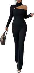 SweatyRocks Women's High Neck Long Sleeve Jumpsuit Elegant Cut Out Fitted Jumpsuit Office Outfits