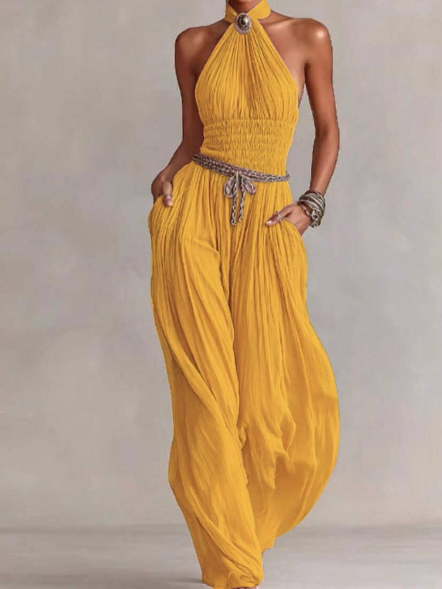 Wuitrie Women's Boho Halter Jumpsuit Pink Shirred Waist Wide Leg Pant Romper Vacation Party Outfits