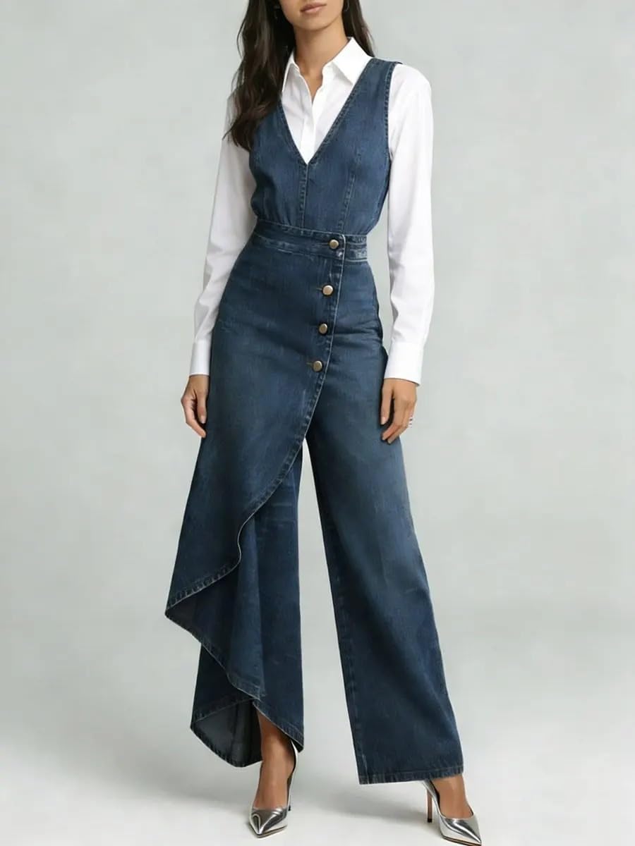 Denim Jumpsuit for Women Sleeveless Irregular Wide Leg Jumpsuits Trendy Cowgirl Western Outfits