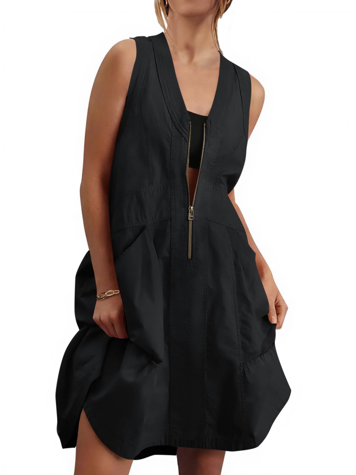 Fisoew Women's Sleeveless Tank Half Zip V Neck Mesh Back Mini Dresses | Casual, Loose Fit, Utility, Summer, With Pockets