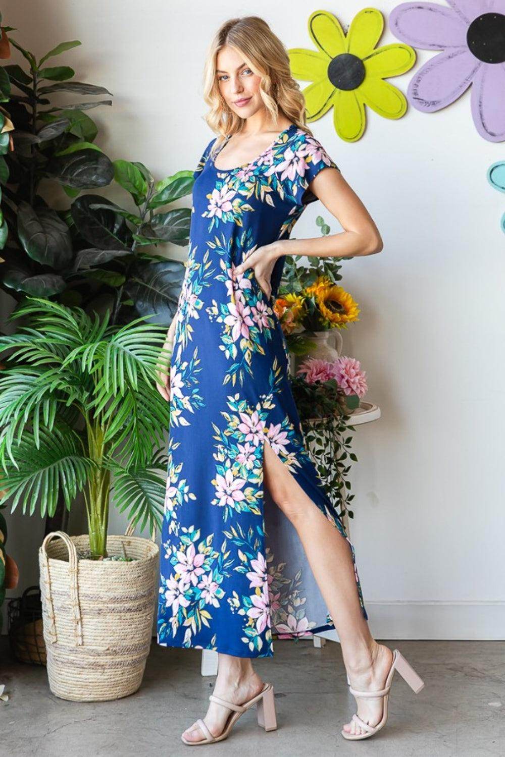 Heimish Full Size Floral Short Sleeve Slit Dress for Women
