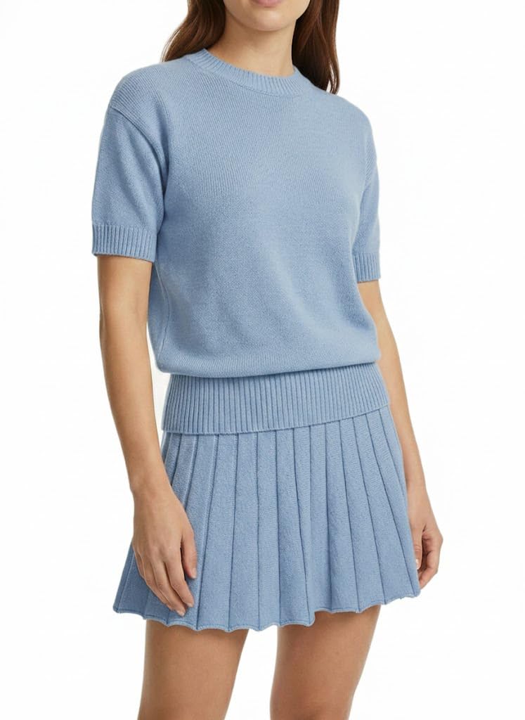 Womens 2 Piece Outfits 2026 Short Sleeve Crewneck Knit Tops And Pleated Mini Skirt Two Piece Sets