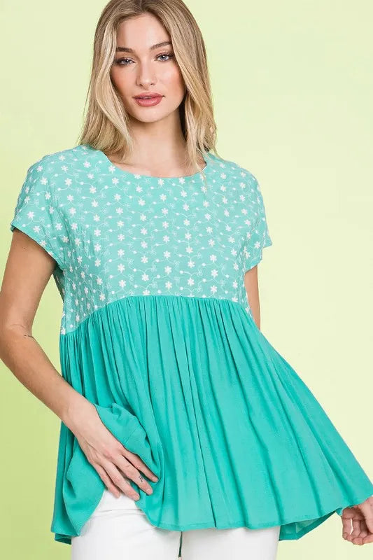 Lime 'N' Chili Full Size Embroidered Short Sleeve Pleated Babydoll Top Plus Size