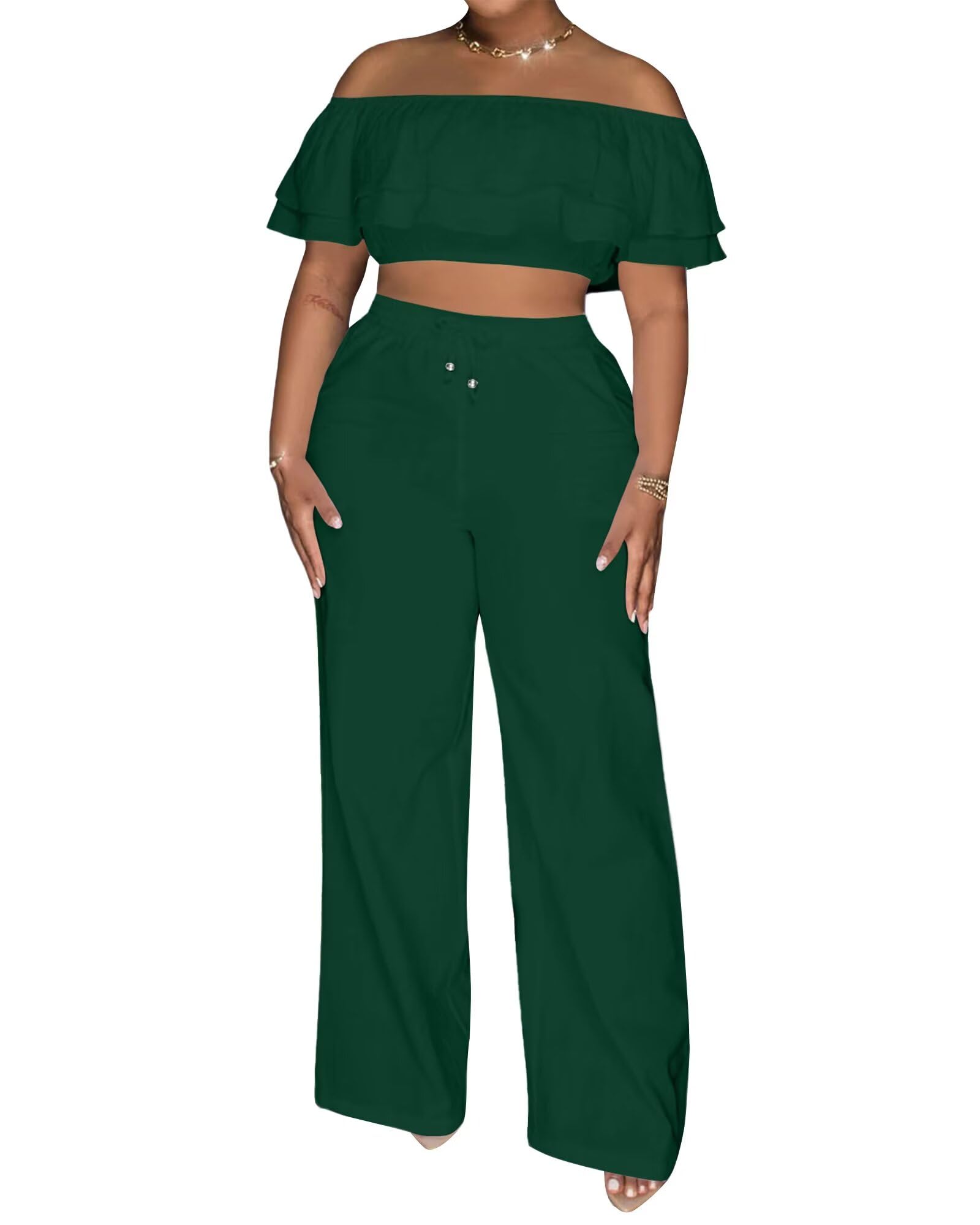 Adogirl 2 Piece Outfits for Women Ruffle Trim Crop Top Wide Leg Pants Set | 2 Piece Sets, Outfit for Women, Off Shoulder, Short Sleeve, Wide Leg Pants with Pockets, Sexy Outfits, Vacation Outfits