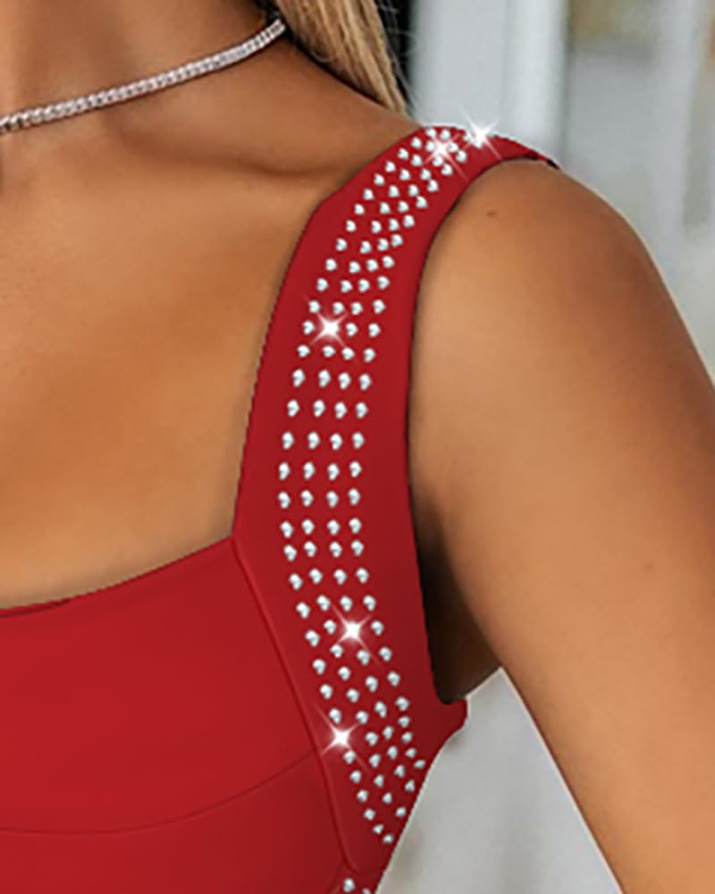 CHICME Women's Elegant Sleeveless Rhinestone Bodycon Midi Dress Square Neck Sparkly Cocktail Party Clubwear Dress
