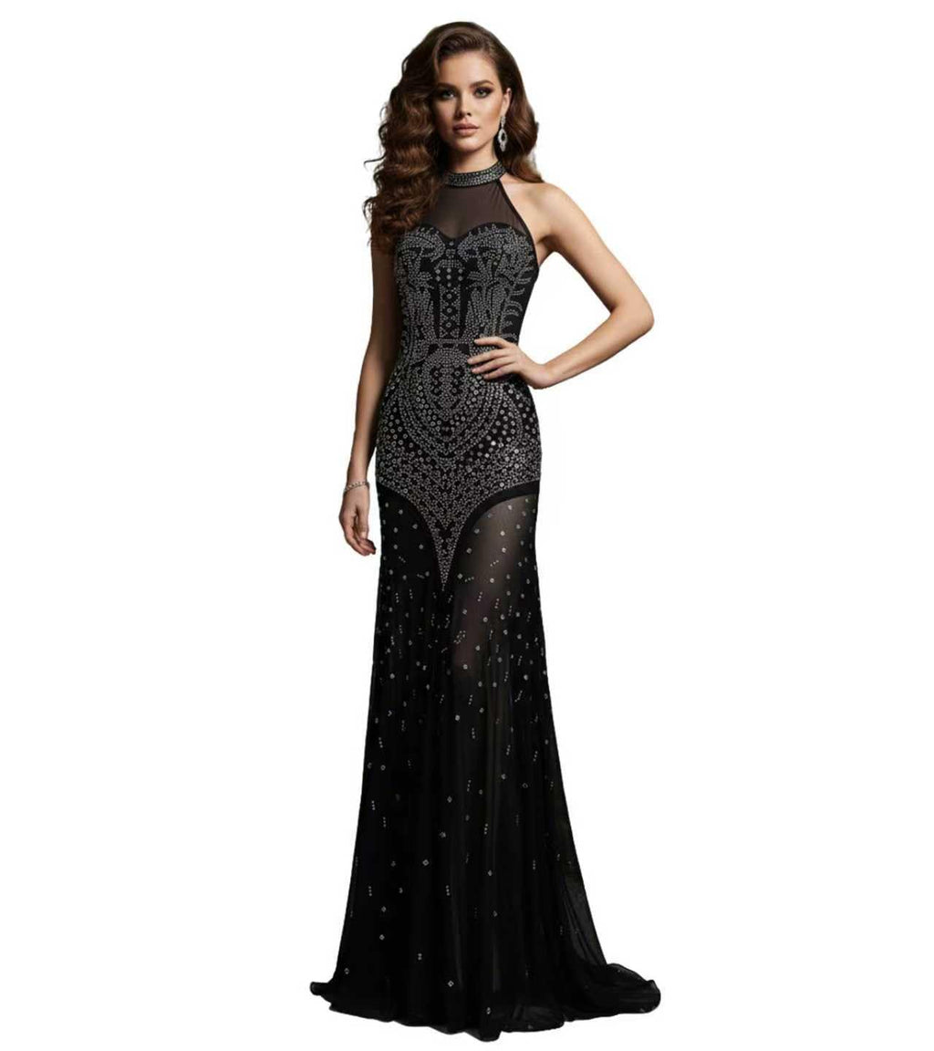 PORRCEY Women's Sexy Rhinestone Mesh See Through Party Night Prom Dress