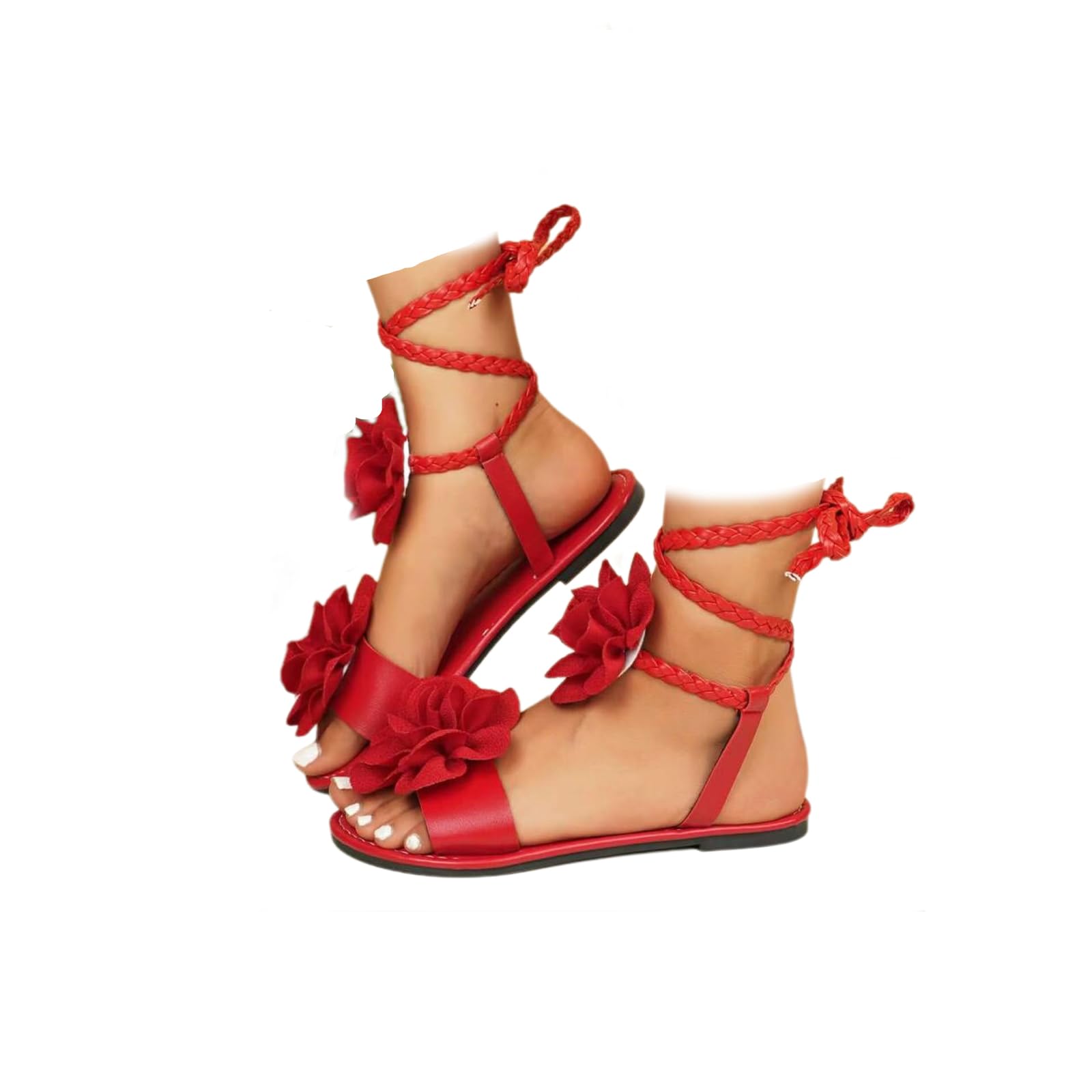 Women’s Strappy Flat Sandals, Lace Up Braided Open Toe Gladiator Sandals with Flower, Comfortable Summer Beach Vacation Shoes