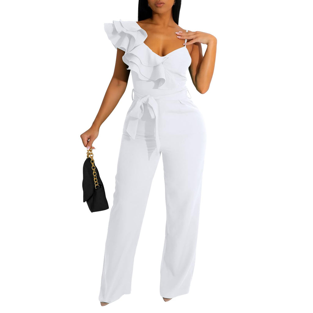kaimimei Womens Casual Jumpsuits Ruffle One Shoulder Wide Leg Belted Romper | Designed with Pockets,Adjustable Strap,Sexy V-Neck Sleeveless,Backless,for Parties, Clubs,Wedding,Event,Outing
