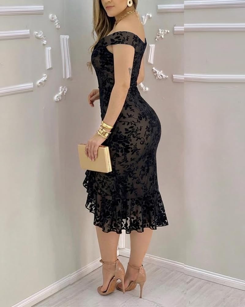 CHICME Women's Sleeveless Flocked Floral Dress | Off Shoulder Ruffle,Bodycon Slit Dress,Sheer Mesh,Mermaid Gown for Evening Cocktail Party Wedding